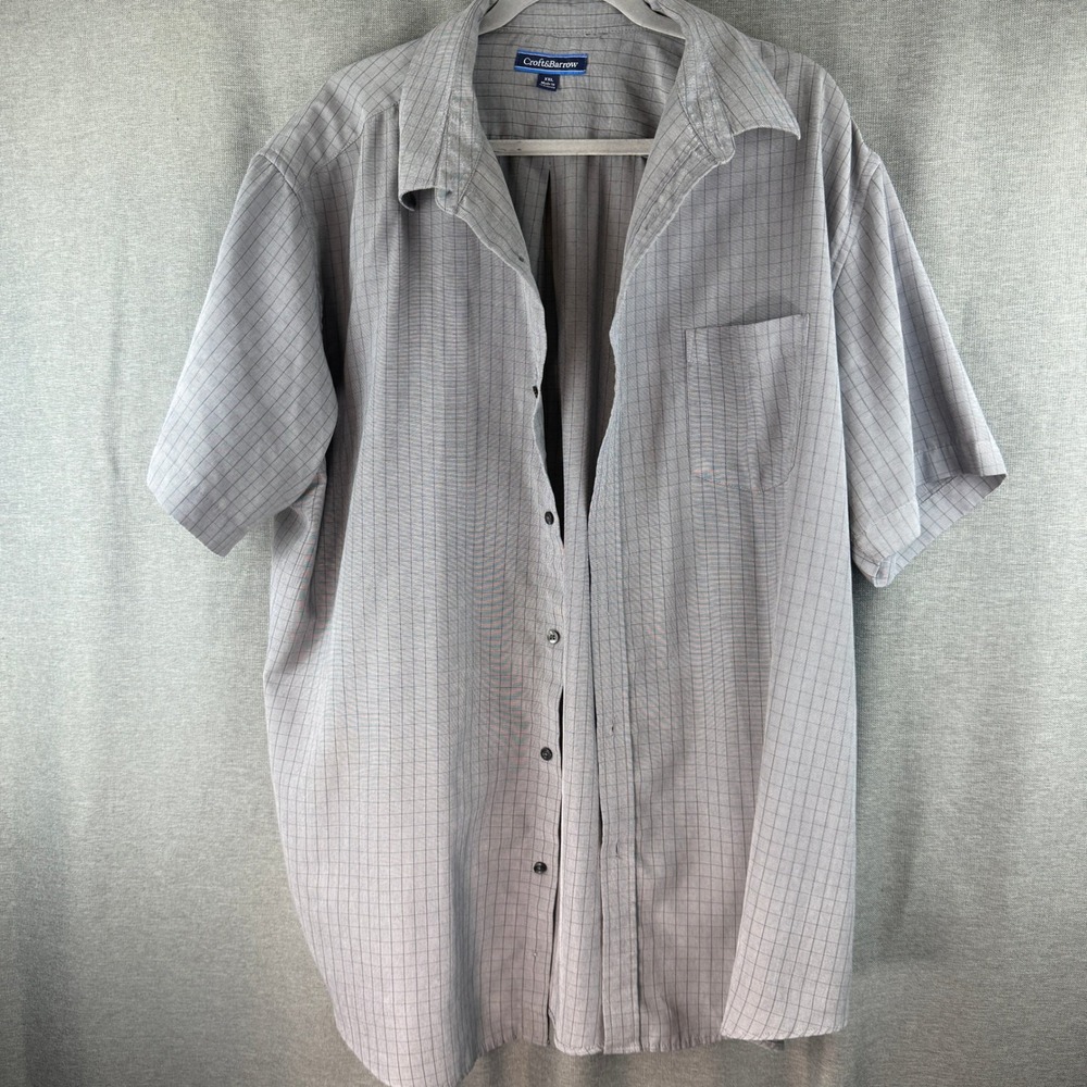 Croft & Barrow Mens XXL Gray Grid Button Down Shirt Short Sleeve Polyester